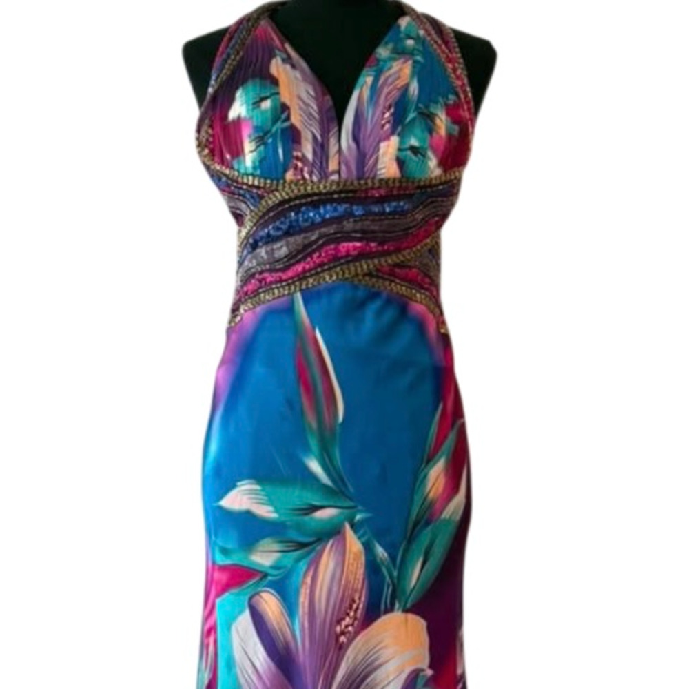 Caché Silk Halter Vibrant Watercolor Floral Beaded Mermaid Maxi Dress Size 6 NWT - Picture 4 of 13